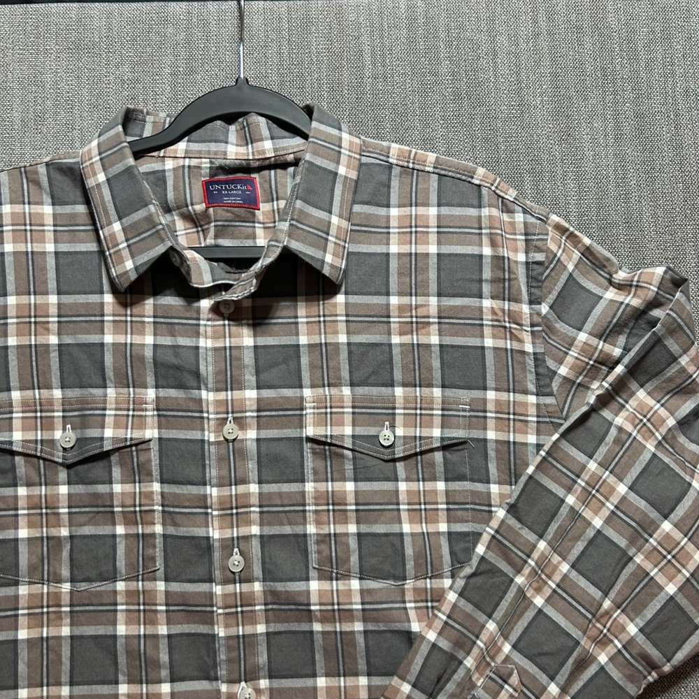 UNTUCKit Mens XXL Plaid Button Down Shirt Brown Cotton Long Sleeve Flap Pocket - Picture 2 of 6